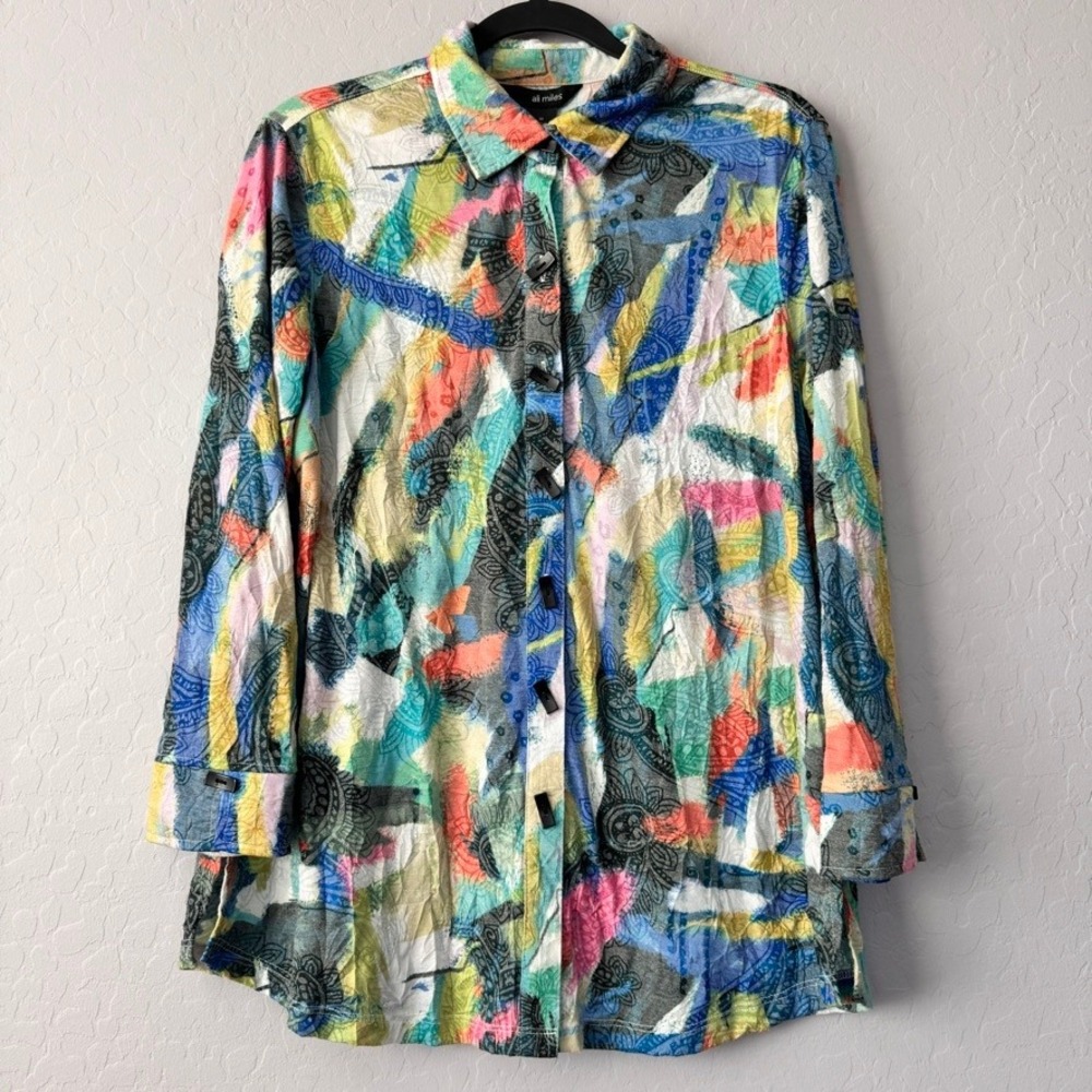 Ali Miles Abstract Print Button Down Long Sleeve Tunic Top Colorful‎ M